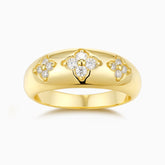 Moissanite eternity band ring, yellow gold vermeil, round stones in clover settings