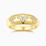 Moissanite eternity band ring, yellow gold vermeil, round stones in clover settings