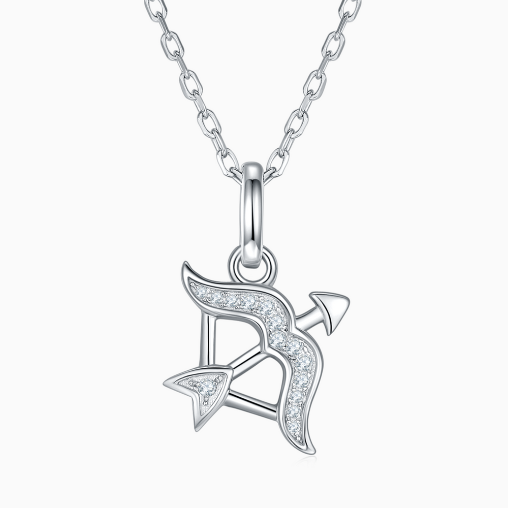 Zodiac Sagittarius moissanite pendant, white gold vermeil, star-bow charm on chain