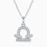 Libra zodiac pendant necklace, white gold vermeil with round moissanite stones