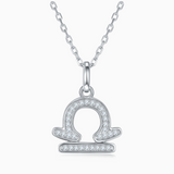 Libra zodiac pendant necklace, white gold vermeil with round moissanite stones