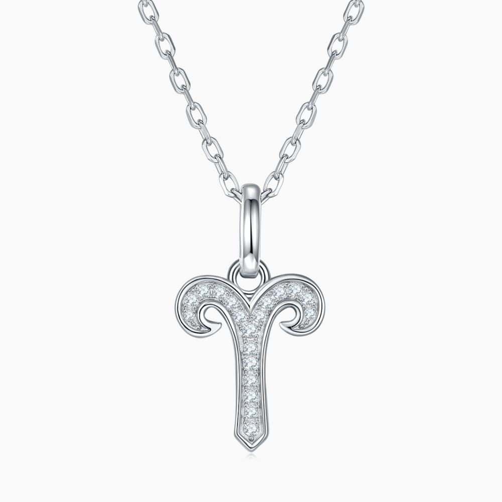 Aries zodiac moissanite pendant necklace, white gold vermeil, ram-horns icon