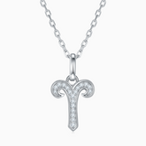 Aries zodiac moissanite pendant necklace, white gold vermeil, ram-horns icon