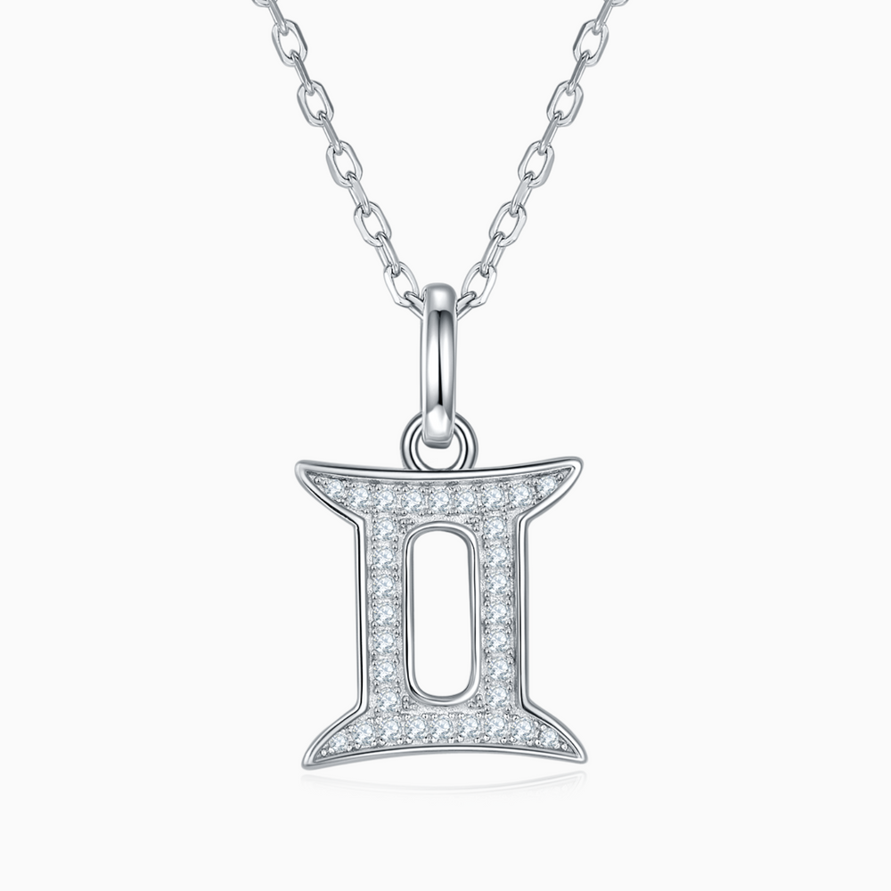 Gemini moissanite pendant necklace, white gold vermeil; pavé bezel pendant on chain