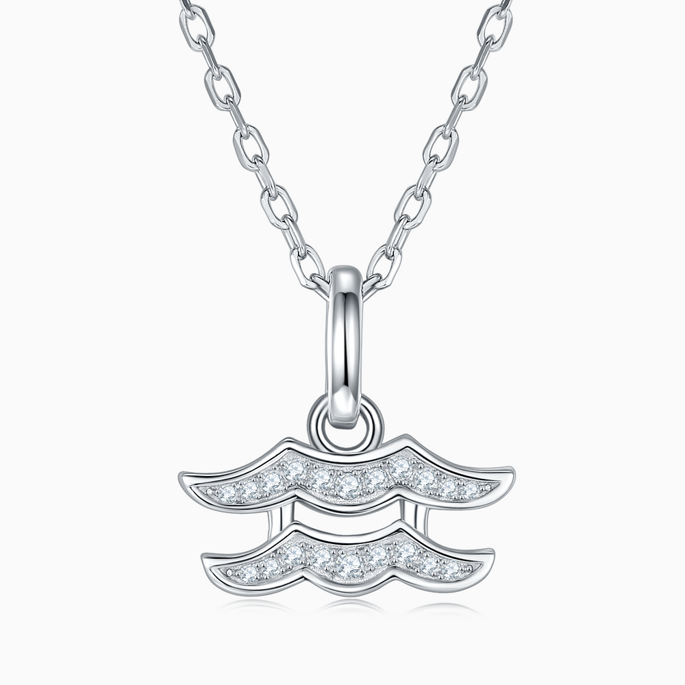 Aquarius moissanite pendant necklace, two-layer wave charm with clear stones on silver chain