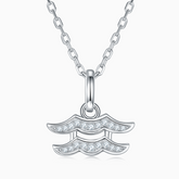 Aquarius moissanite pendant necklace, two-layer wave charm with clear stones on silver chain