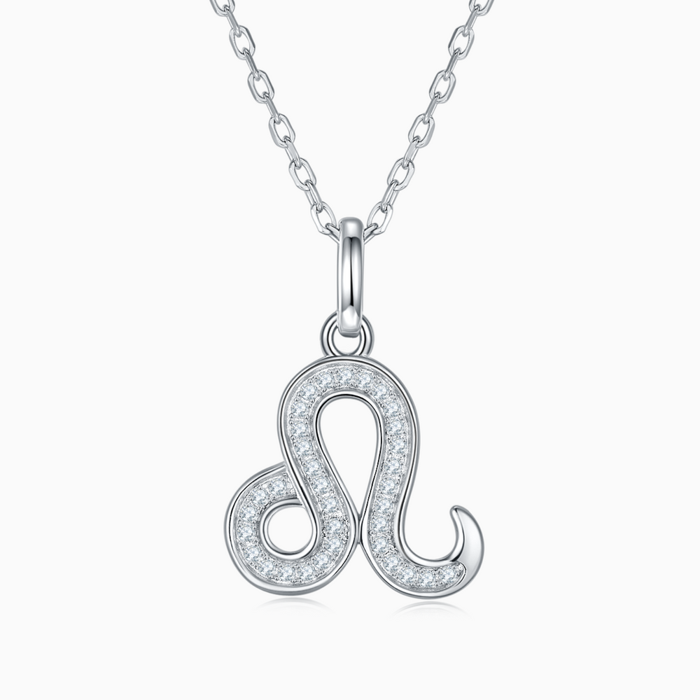 Leo zodiac pendant with moissanite, serpentine chain, white gold vermeil