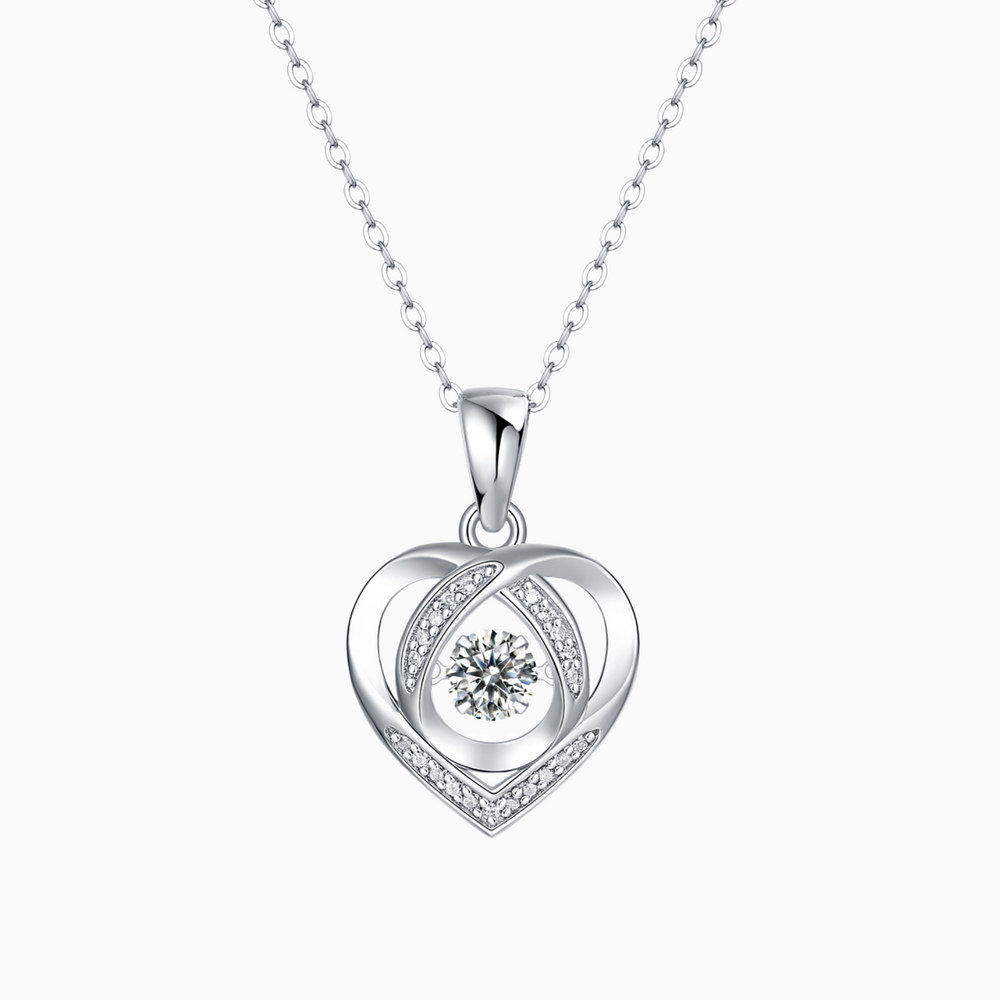 Heart moissanite pendant with round center stone, white gold vermeil