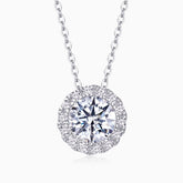 Round halo moissanite pendant necklace with large white center stone and pavé border