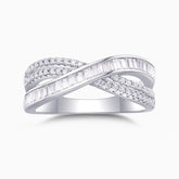 Bague croisée baguette et pavé en or blanc vermeil, pierres facettées