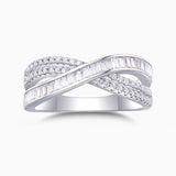 Bague croisée baguette et pavé en or blanc vermeil, pierres facettées