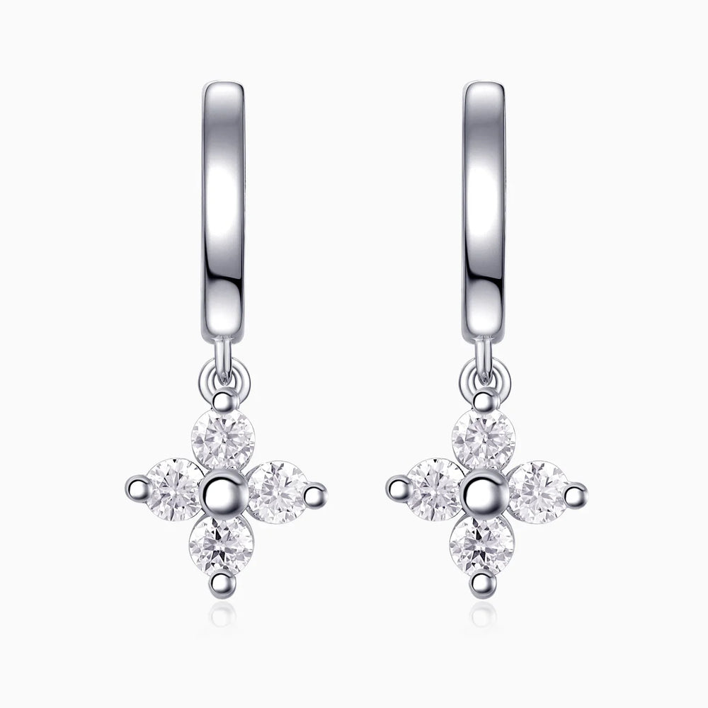 Four-petal flower moissanite drop huggie earrings, silver-tone, round stones