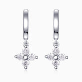 Four-petal flower moissanite drop huggie earrings, silver-tone, round stones