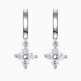 Four-petal flower moissanite drop huggie earrings, silver-tone, round stones