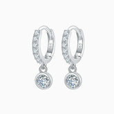 Pave huggie bezel drop earrings with round moissanite stones, white gold vermeil