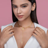 Yellow gold vermeil lariat necklace with blue stones and dangling cross charm