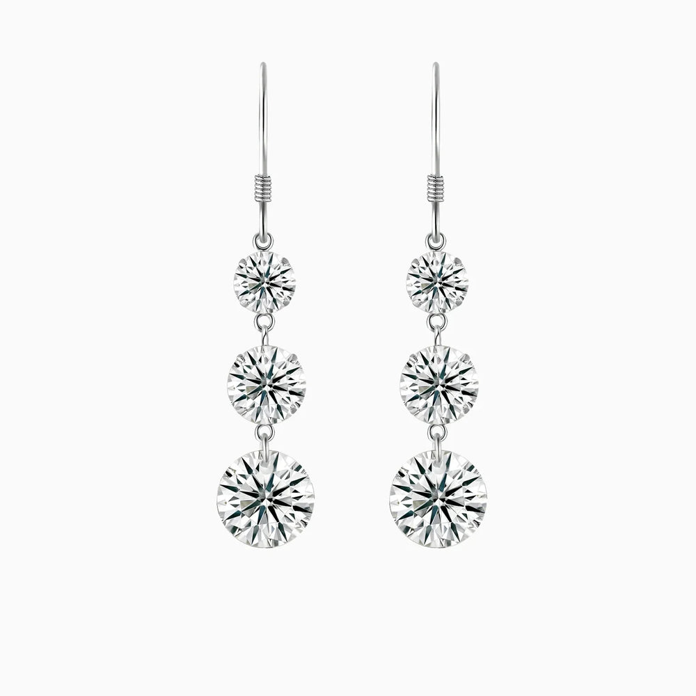 3-stone graduated cascade moissanite drop earrings with three round stones, white gold vermeil