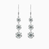 3-stone graduated cascade moissanite drop earrings with three round stones, white gold vermeil