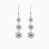 3-stone graduated cascade moissanite drop earrings with three round stones, white gold vermeil