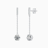 Pavé bar moissanite drop earrings, round stones on chain; white gold vermeil