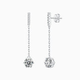 Pavé bar moissanite drop earrings, round stones on chain; white gold vermeil
