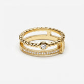 Double-band twisted rope ring in yellow gold vermeil, pavé row and round center stone