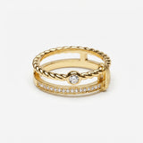 Double-band twisted rope ring in yellow gold vermeil, pavé row and round center stone
