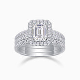 Cylen emerald-cut center halo with pavé band, three-piece bridal ring set, white gold vermeil