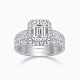 Cylen emerald-cut center halo with pavé band, three-piece bridal ring set, white gold vermeil