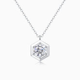 Hexagon frame moissanite pendant, round brilliant in white gold vermeil