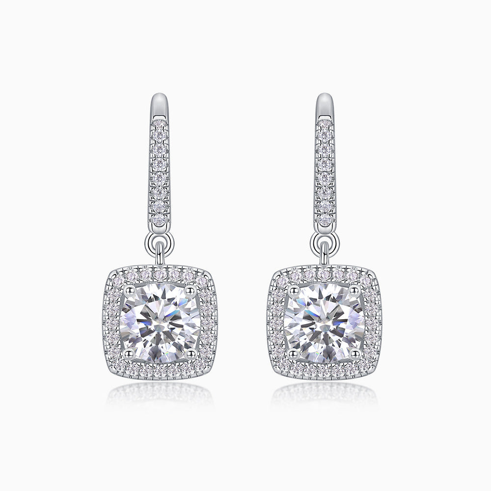 Cushion halo drop earrings in white gold vermeil with square pavé halo and center stone