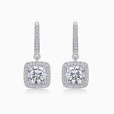 Cushion halo drop earrings in white gold vermeil with square pavé halo and center stone