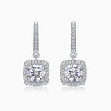 Cushion halo drop earrings in white gold vermeil with square pavé halo and center stone