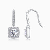 Cushion halo drop earrings with cushion center stone, lever-back hook, white gold vermeil