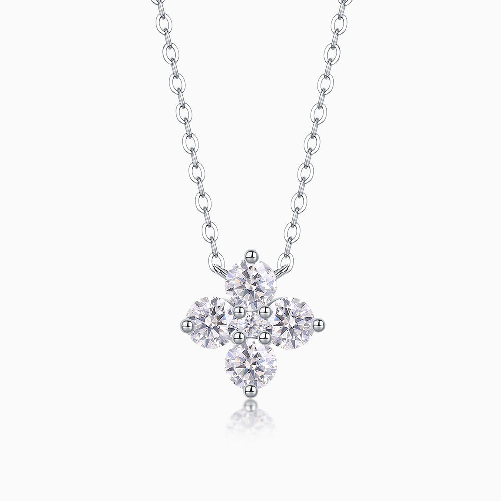 4-stone floral cluster moissanite pendant, white gold vermeil chain