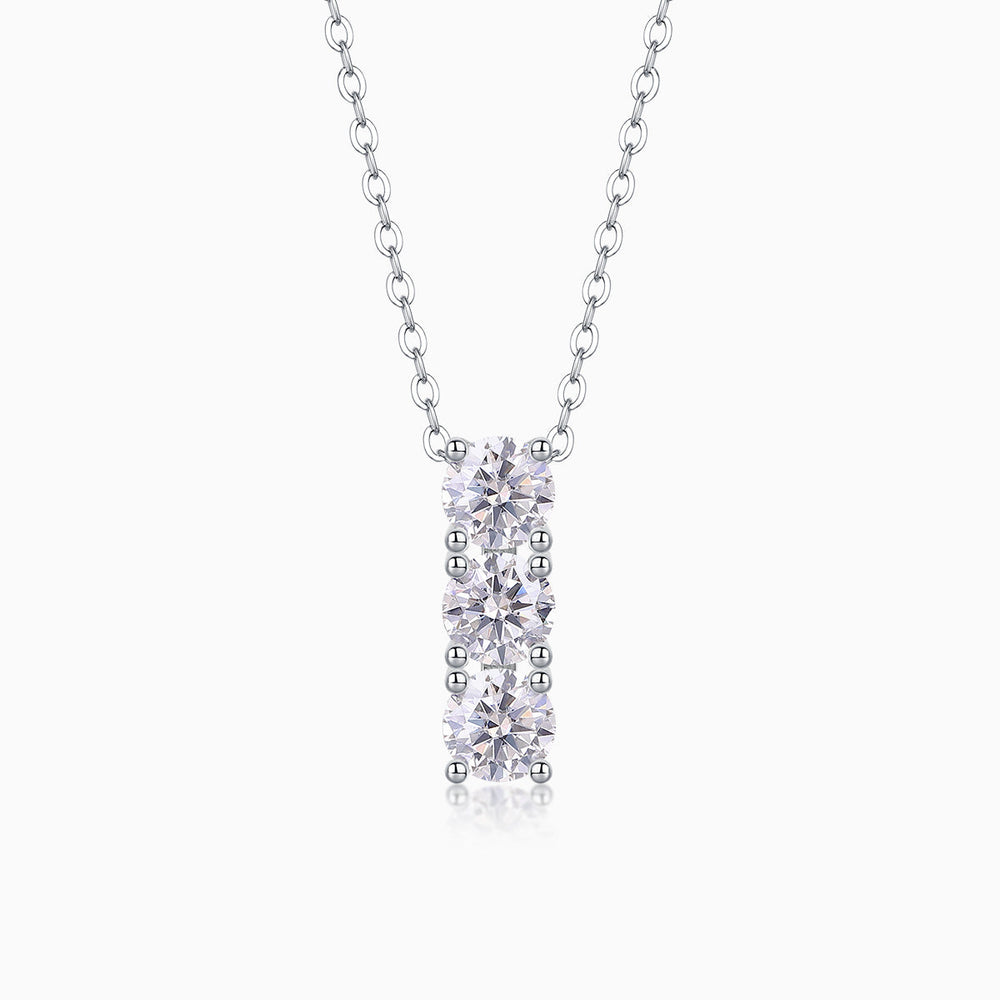 3-stone vertical bar moissanite pendant, silver-tone chain; white gold vermeil