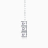 3-stone vertical bar moissanite pendant, square-prong setting; white gold vermeil