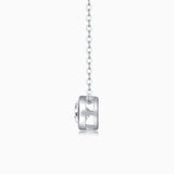 Back view of round bezel-set moissanite solitaire pendant on silver-tone chain