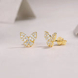 Butterfly stud earrings, front view, yellow gold vermeil pavé moissanite