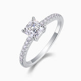 Asscher-cut moissanite ring with side pavé stones and square center