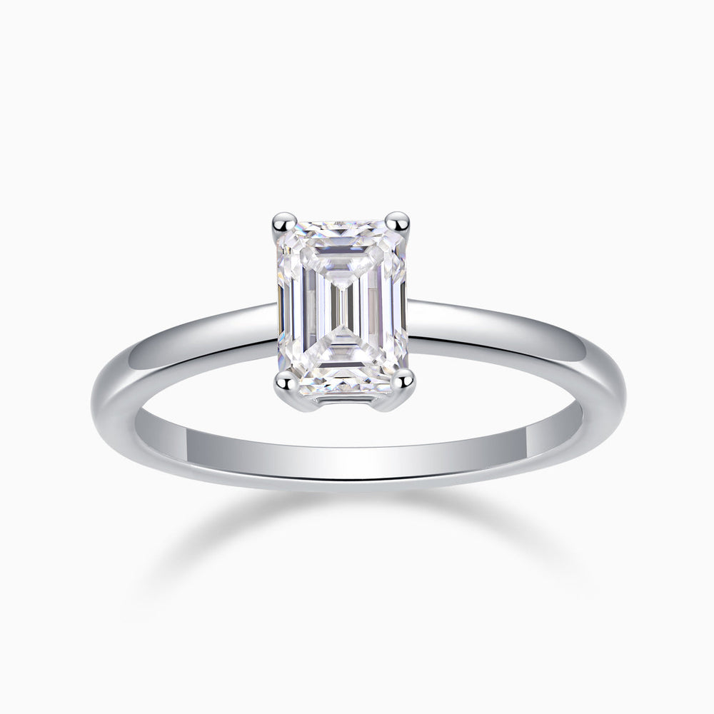 Solitaire emerald-cut moissanite ring with four-prong setting, white gold vermeil