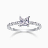 White-gold vermeil ring with princess-cut center moissanite and pavé stones