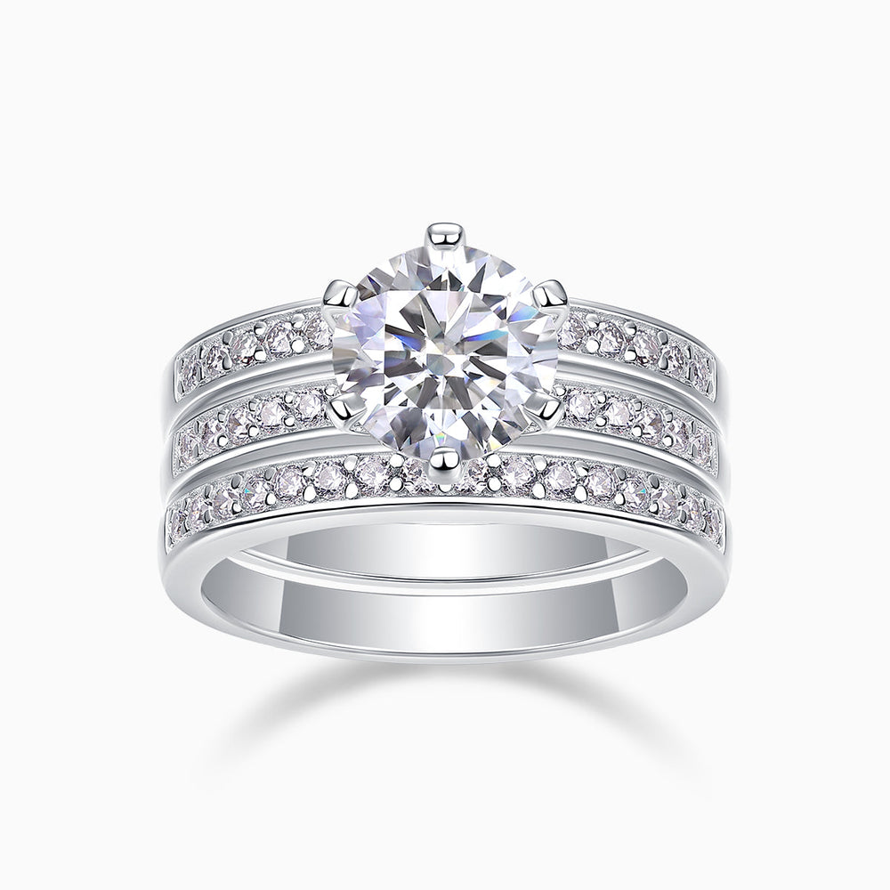 Round moissanite 3-piece stackable rings with pavé bands, white gold vermeil
