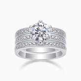 Round moissanite 3-piece stackable rings with pavé bands, white gold vermeil