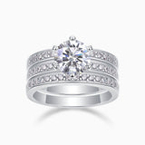 Round moissanite 3-piece stackable rings with pavé bands, white gold vermeil