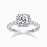 Round halo pavé moissanite ring, square halo setting, white gold vermeil