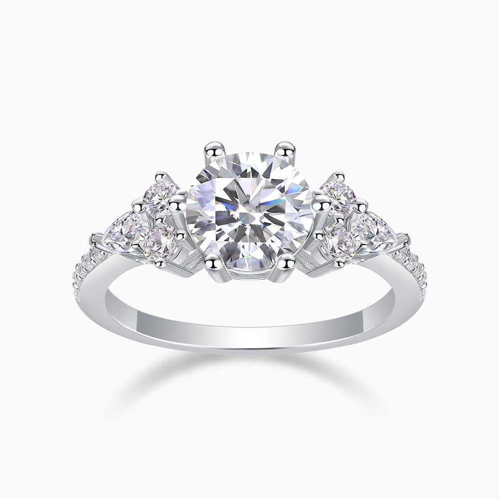 2CT Round moissanite pavé ring, white gold vermeil, round center with pavé bands