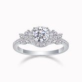 Round halo cluster moissanite ring with side pavé stones, white gold vermeil