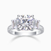 Three-stone cushion-cut moissanite engagement ring, white gold vermeil, front view