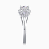 Round halo pavé moissanite ring top view with center round stone and surrounding pavé